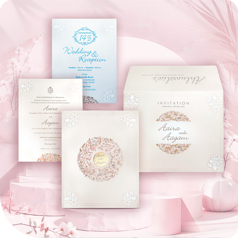 A classic masterpiece with an acrylic mirror centerpiece, stunning floral detailing, and a luxurious white border for a timeless wedding invitation.