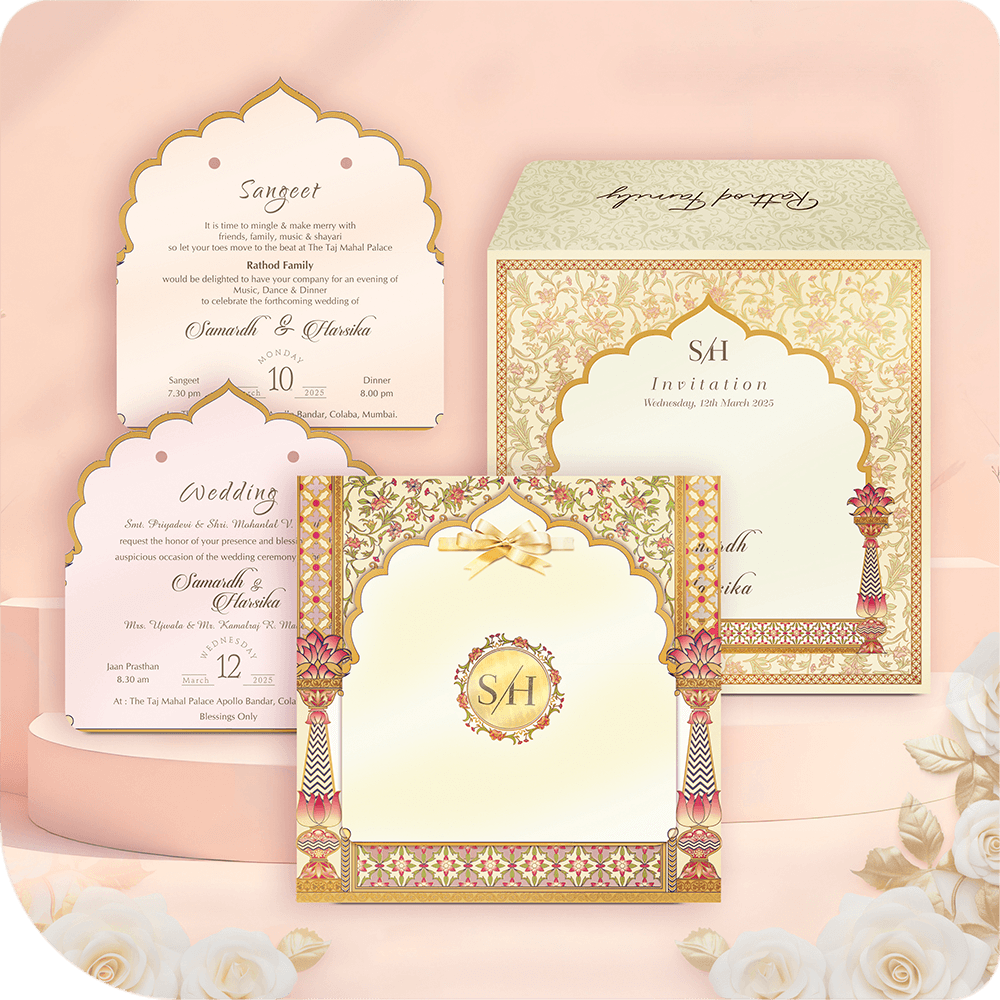 Elegant MDF wedding invitation suite with gold Mogul Mandap arch design, classical floral pattern, and Sangeet/Wedding inserts.