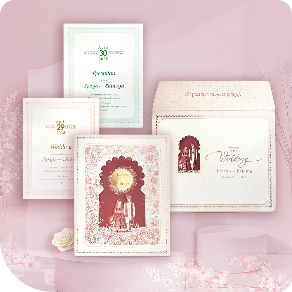 A grand floral wedding invitation featuring a 3D couple paste-up and acrylic mirror, designed for a celebration of love and tradition