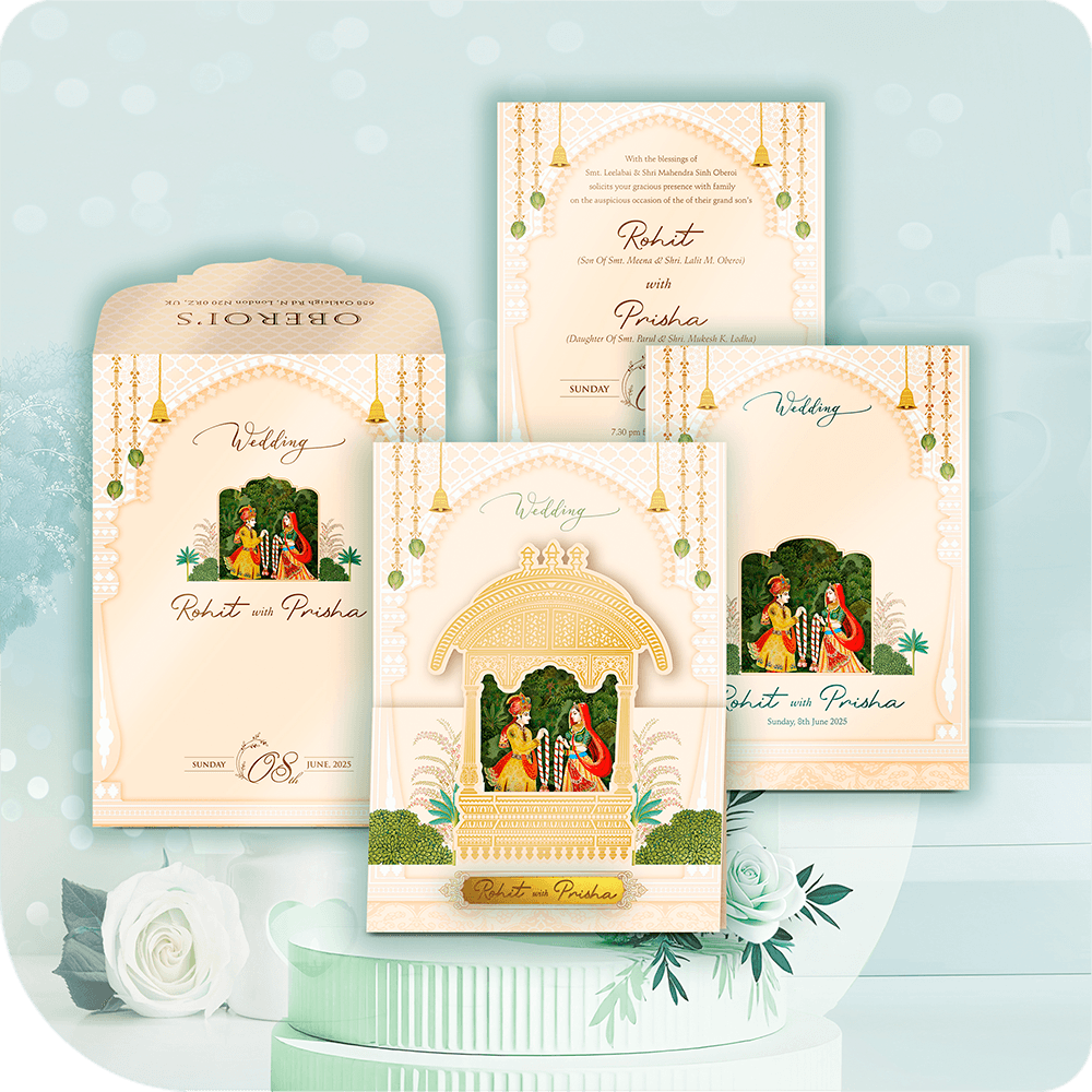 Ek shahi vivah patrika jo Dulha Dulhan ke pavitra bandhan ko darshata hai, Rajwada shilpkarigari se prerit bhavy toran aur sone ki jhilmil rachna ke saath. Isme shuddh prem kahani ko sajane wale mughal jaali patterns, kalaigari ki sunarikh rekhaayein, aur meenakari prabhavit rang shamil hain. Ek sampoorna shaadi patrika jo parivaarik sanskriti aur shaan-daar paramparaon ka pratibimb hai.