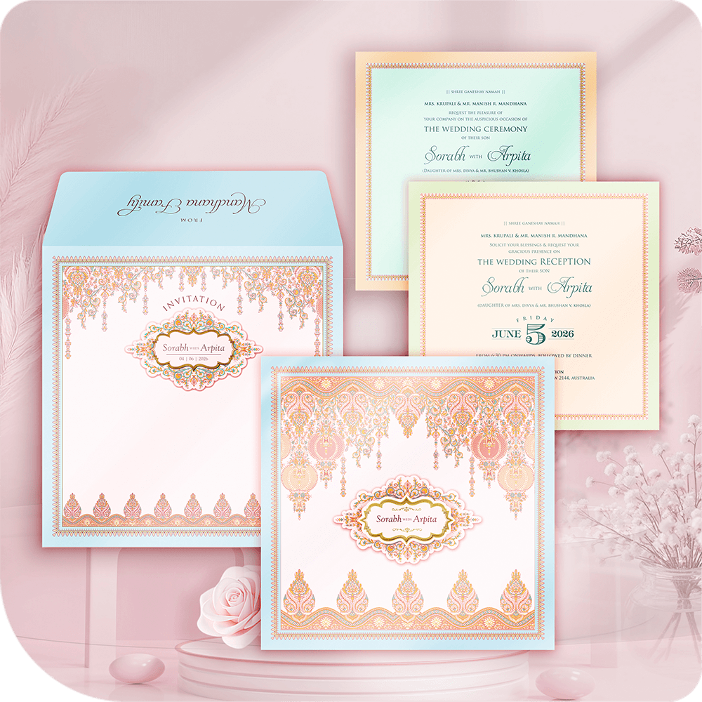 Premium imported paper wedding invitation, regal paisley damask frame, white 3D pasteup central nameplate, two-leaflet luxury South Asian Indian wedding card suite, auspicious traditional design, aesthetic stationery.
