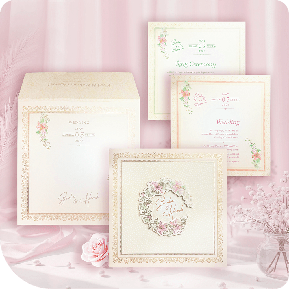A floral wedding invitation with a 3D paste-up design, adding elegance and depth to your special celebration.