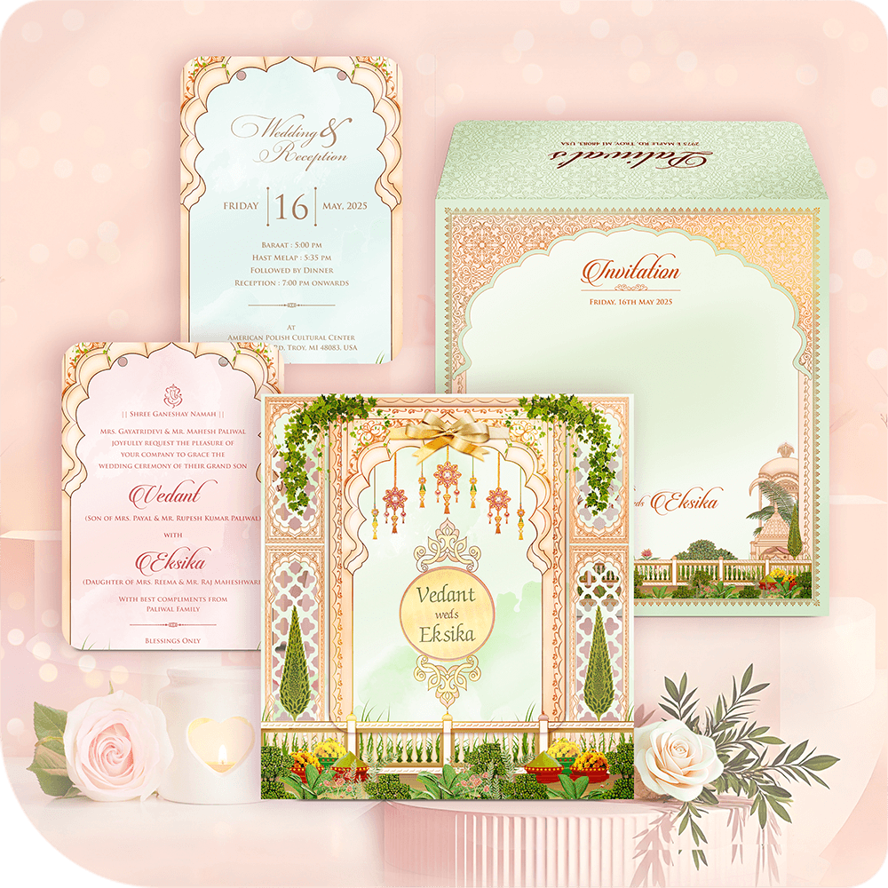 Luxury MDF wedding invitation suite with a garden theme, featuring a Mogul archway, topiaries, pastel green accents, and gold foil detailing.