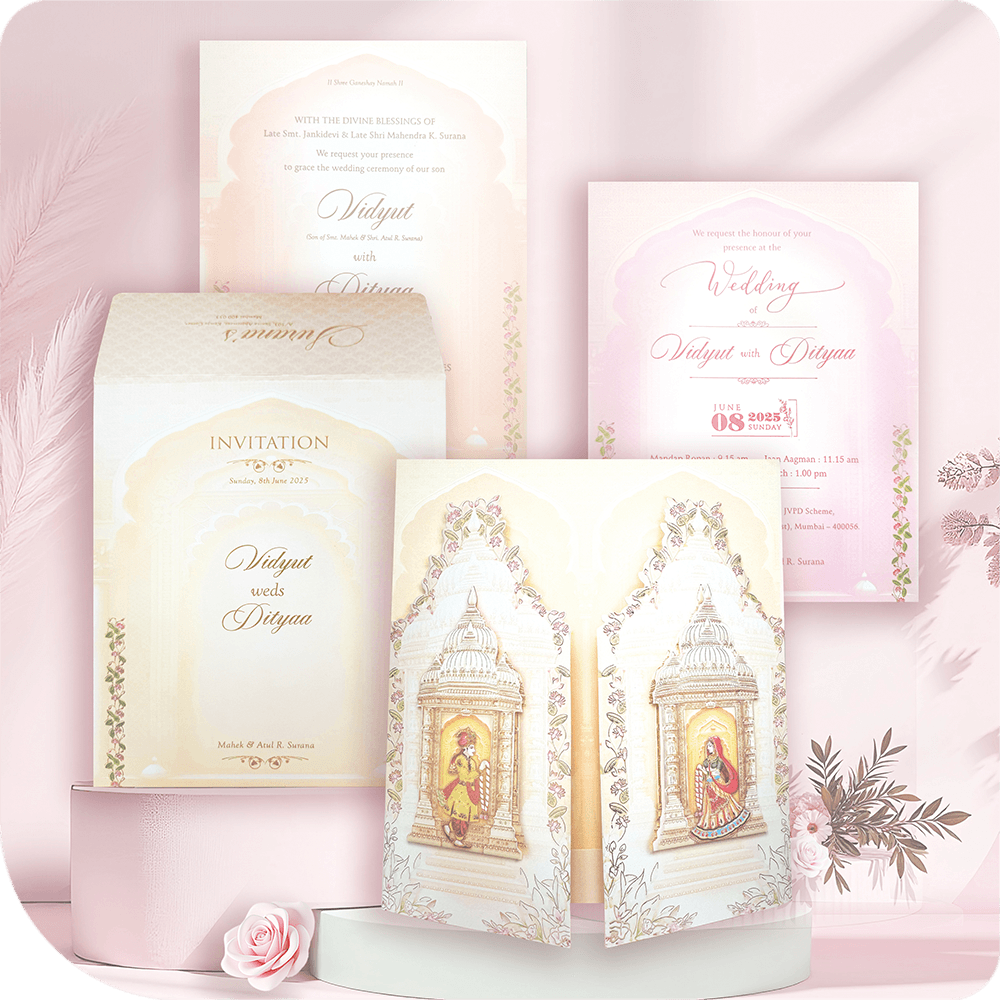 Dehleez of Love, Mangal Milan Ki Dehleez , A stunning door-style wedding invitation with a 3D paste-up couple, symbolizing love and new beginnings.