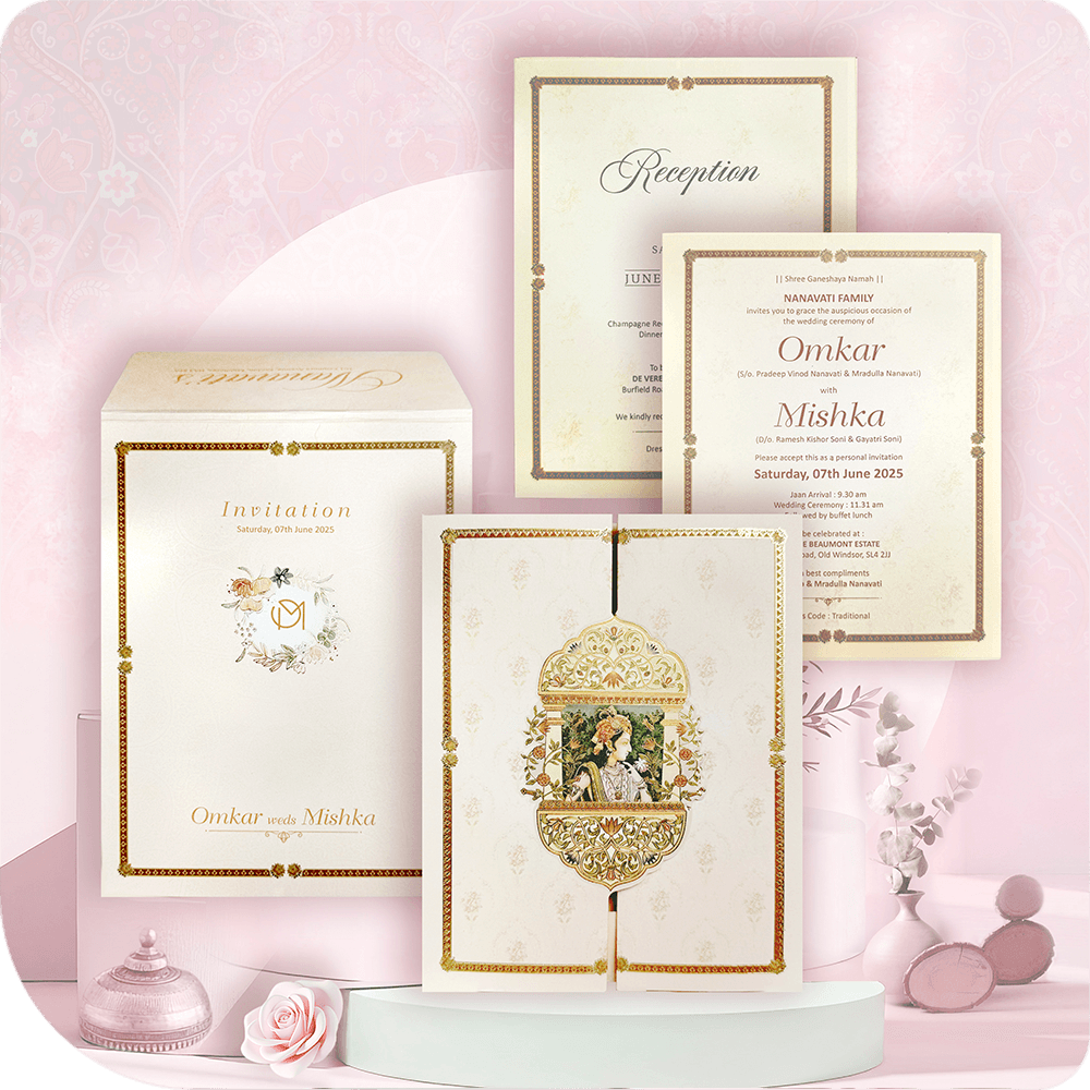 A luxurious door-style wedding card adorned with ornate details, exuding regal charm.