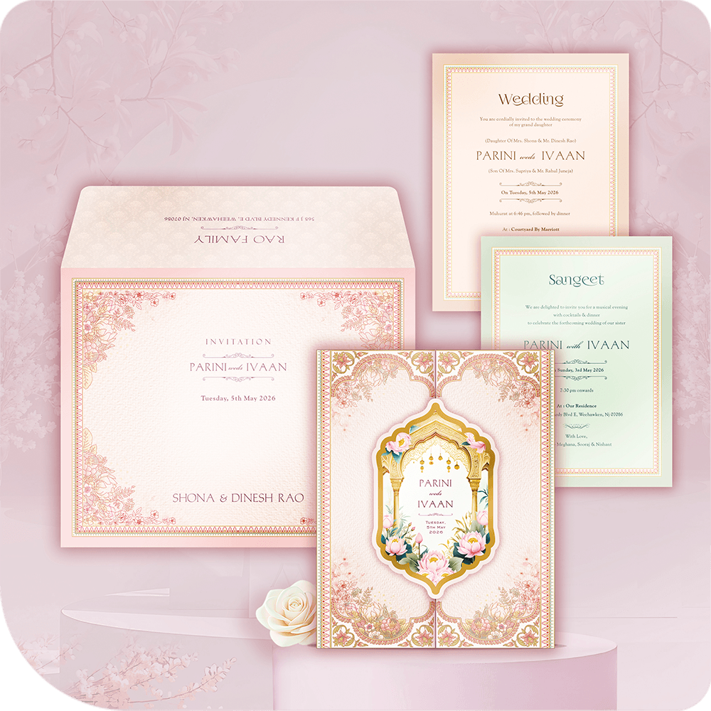 Premium imported paper wedding invitation, door-open style gatefold, 3D pasteup central gilded arch, watercolour lotus flowers, intricate carving, two-leaflet luxury South Asian wedding card suite.