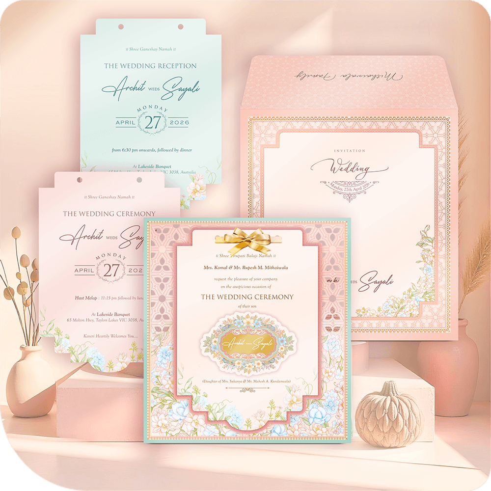 Luxury MDF wedding invitation card with printing featuring pastel pink and mint floral designs, gold ribbon, and custom printed inserts for wedding ceremony.