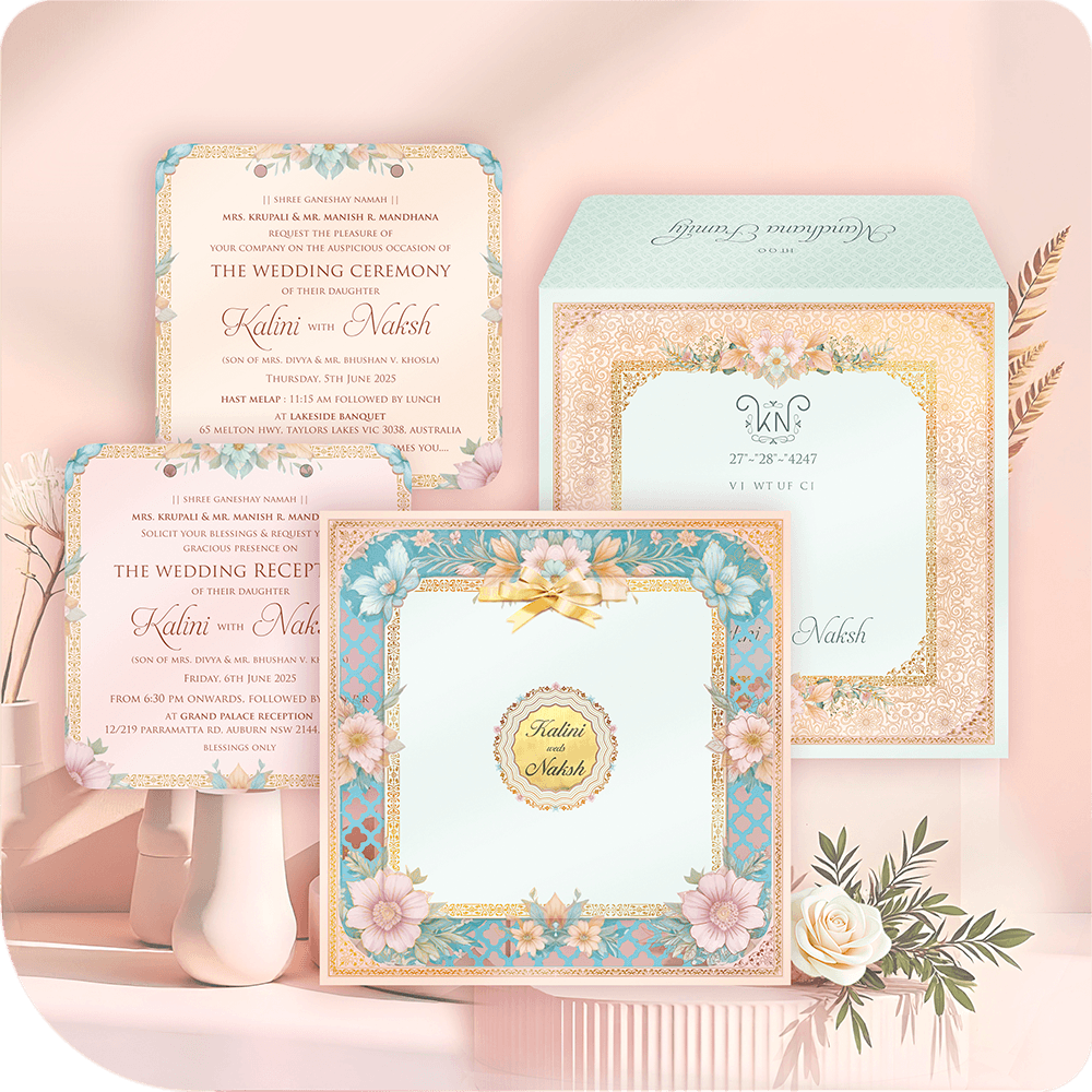 Luxury MDF wedding invitation suite in pastel blue, pink, and gold floral design with custom printed ceremony and reception card inserts.