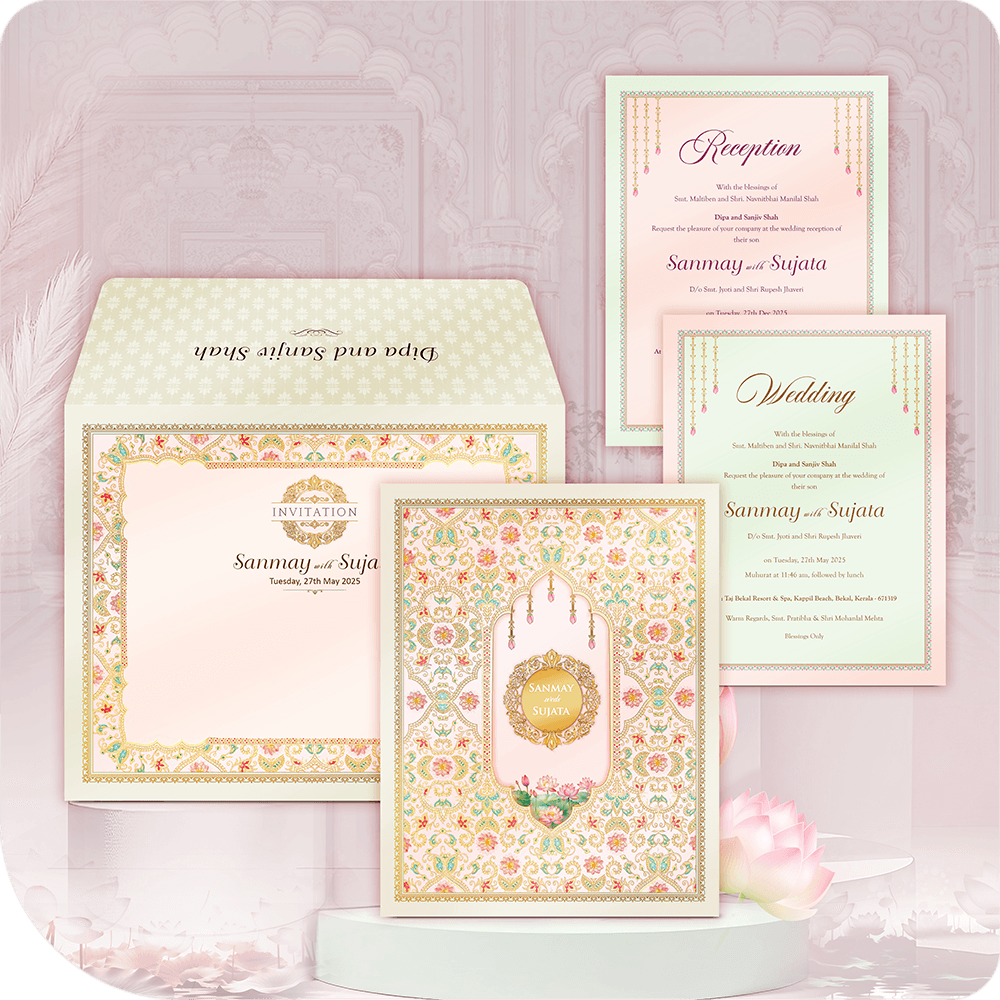 Premium imported paper wedding invitation, golden acrylic mirror nameplate, architectural niche, lotus cluster, ornate pattern, two-leaflet luxury South Asian wedding card suite.