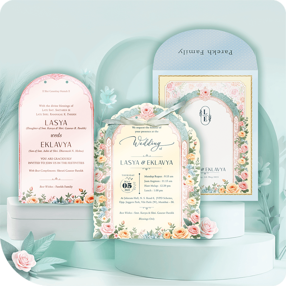 A beautifully crafted floral-themed wedding invitation with pastel roses, intricate golden details, and an elegant arch-window design, evoking romance and sophistication.