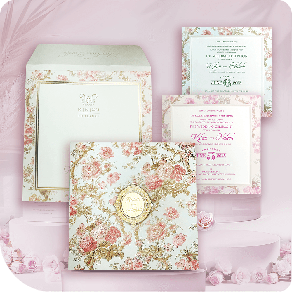 A full-floral wedding invitation with an acrylic glass centerpiece, radiating grace and elegance.