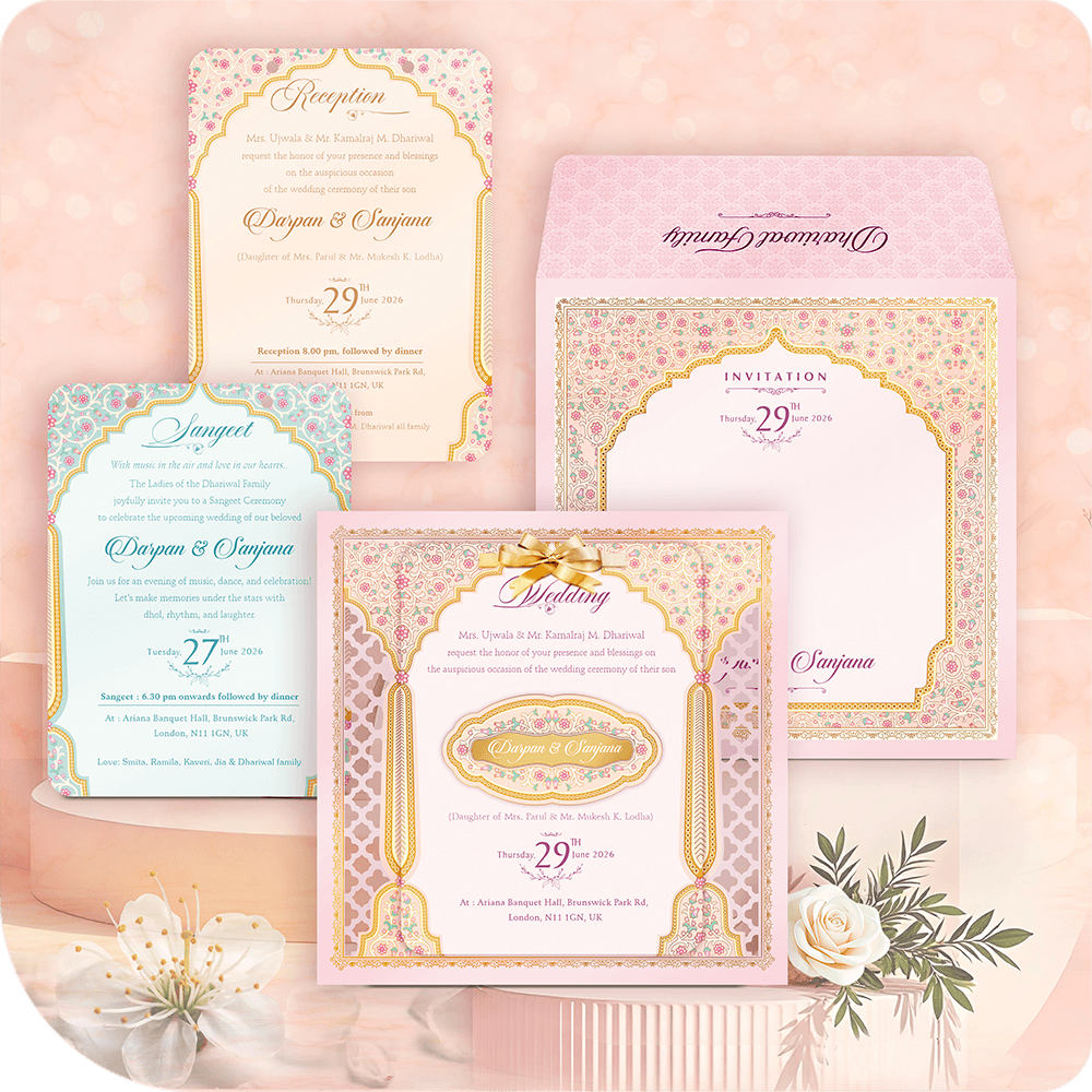 Luxury pastel pink and mint green MDF wedding invitation card set, featuring intricate floral patterns, gold borders, and custom printing for Sangeet, Wedding, and Reception events