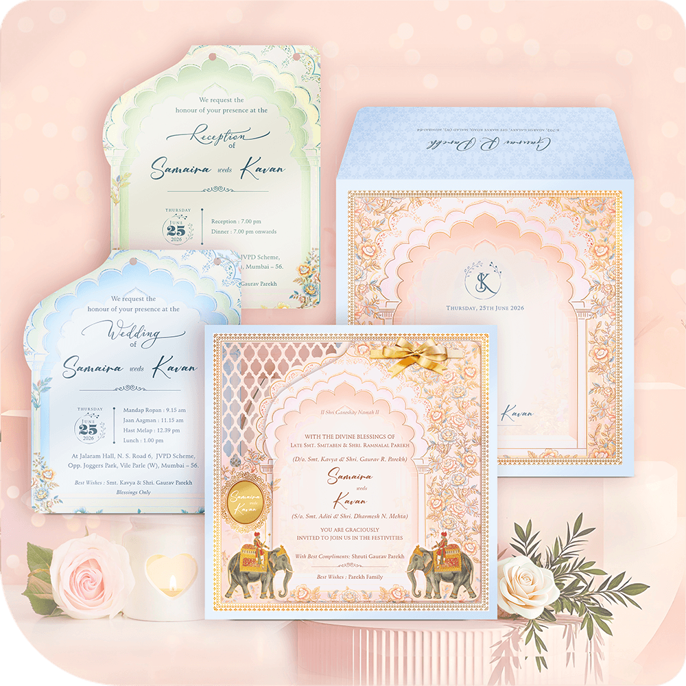 Royal blue and peach MDF wedding invitation card with printing, featuring an elephant theme, Mughal arch design, and a 3D gold ribbon embellishment