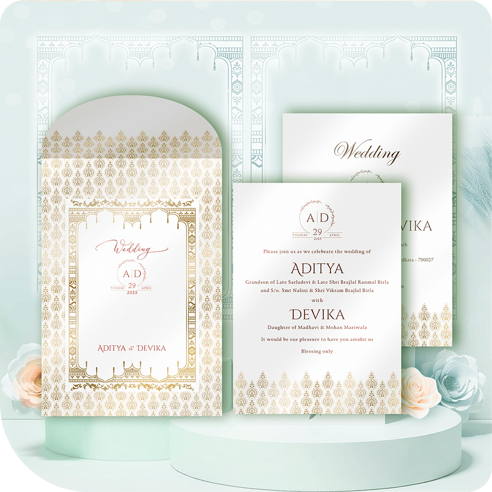 A royal gold wedding invitation featuring an intricate arch frame on an elegant ivory base, enhanced with rich gold detailing for a regal touch.