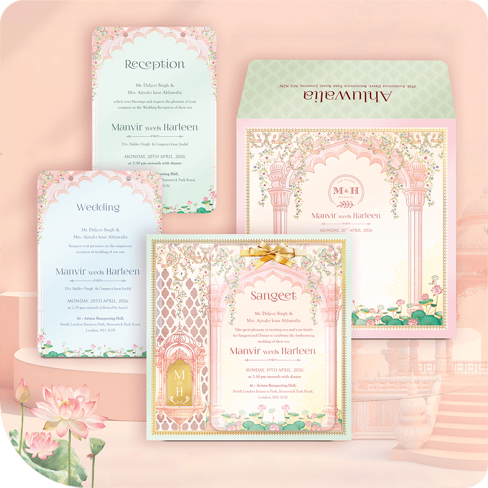 Luxury royal palace theme MDF wedding invitation card, featuring pink arches, lotus floral designs, and custom printing for Sangeet and Reception events