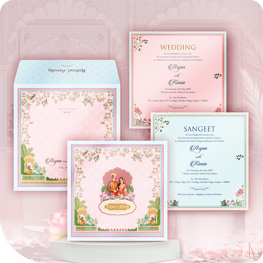 Premium imported paper wedding invitation, golden acrylic mirror nameplate, traditional couple figure, patio scene foliage, ornamental niche, two-leaflet luxury South indian wedding card suite.