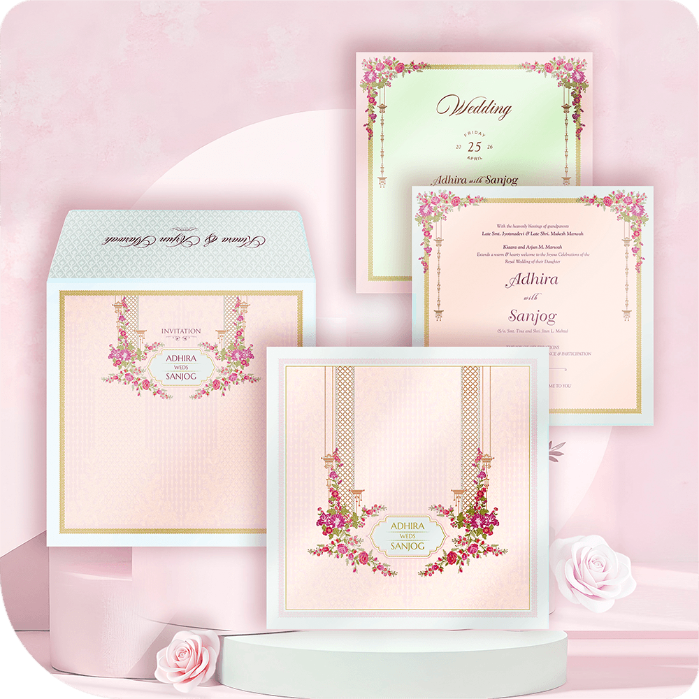 Premium imported paper wedding invitation with blue 3D pasteup nameplate, magenta floral arrangement, two leaflets, luxury multi-component suite design.