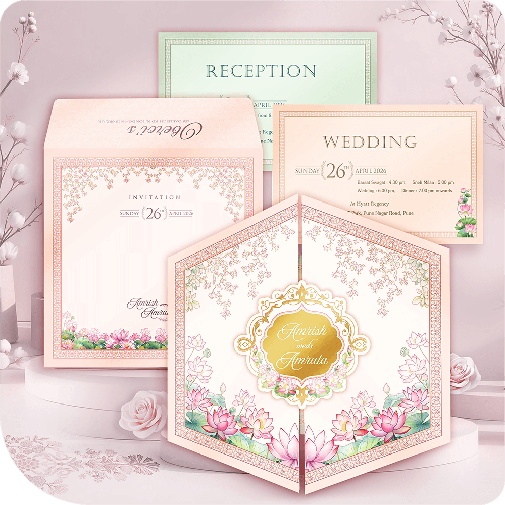 Premium imported paper wedding invitation with water lily floral motif, featuring a central golden acrylic mirror accent, trending luxury stationery design.