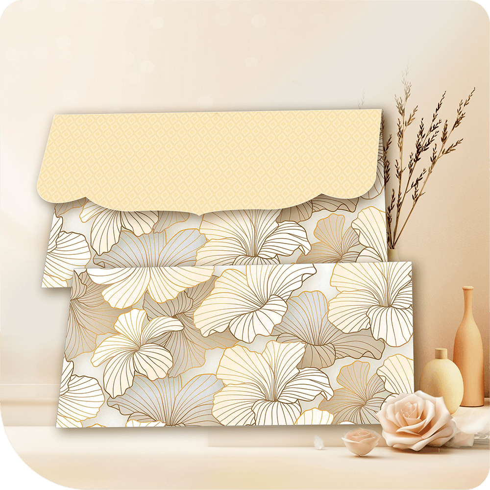 A fashion-forward floral envelope with gold-detailed botanical motifs set against soft beige and muted tones. The stylish scalloped flap features a delicate geometric texture, adding a contemporary yet luxurious touch, perfect for trendy celebrations and premium gifting