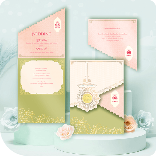 A uniquely crafted wedding card with a modern heritage fusion, featuring asymmetrical cutwork, soft pastel color tones, and intricate gold detailing for an elegant touch.
