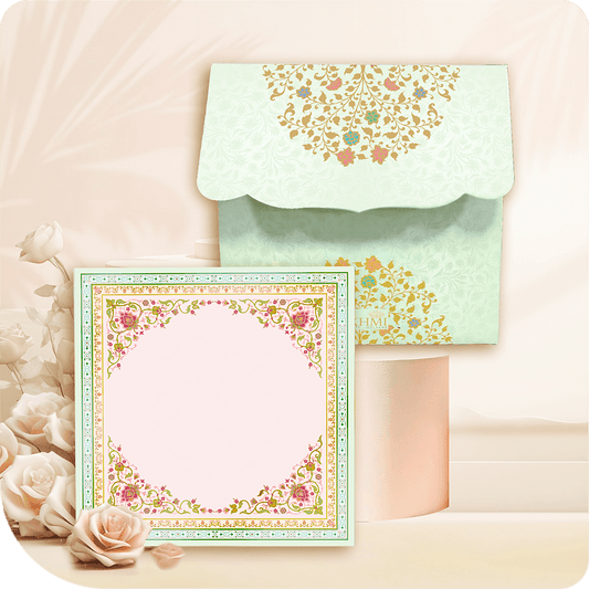 A sophisticated pastel green envelope with gold floral detailing and a scalloped flap, paired with a beautifully bordered insert ideal for invitations and gifting.