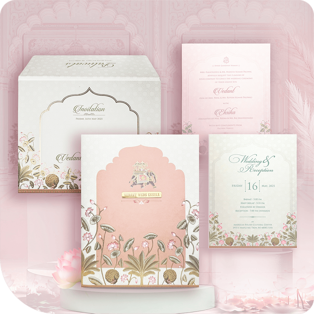 A Pichwai-themed wedding invitation with a regal acrylic centerpiece, embodying classic artistry.