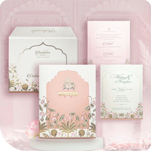 A Pichwai-themed wedding invitation with a regal acrylic centerpiece, embodying classic artistry.