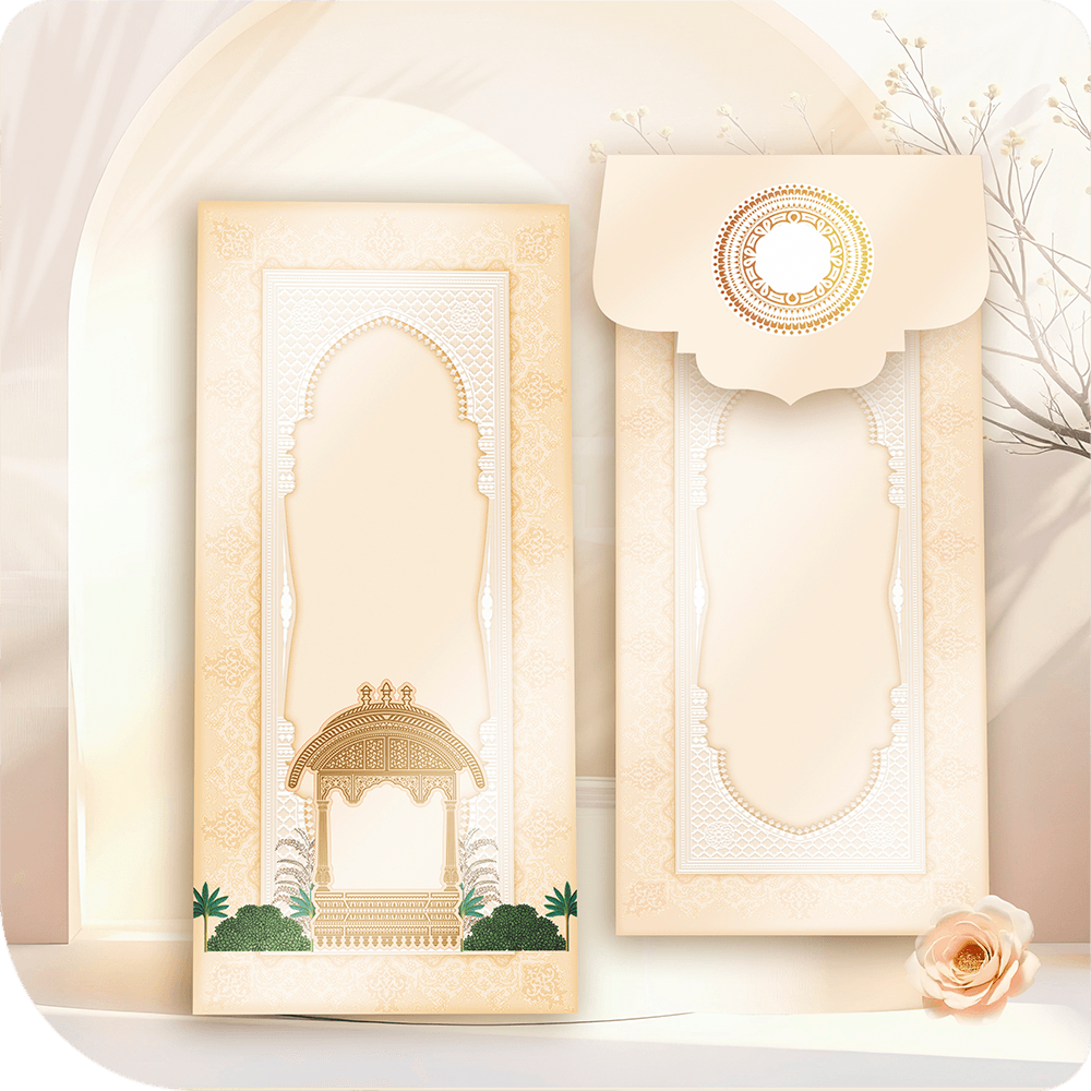 A Rajwadi beige invitation envelope featuring an intricate Jharokha arch, a detailed chhatri pavilion, and an ornamental circular motif on a scalloped flap, exuding Rajasthan’s timeless elegance.