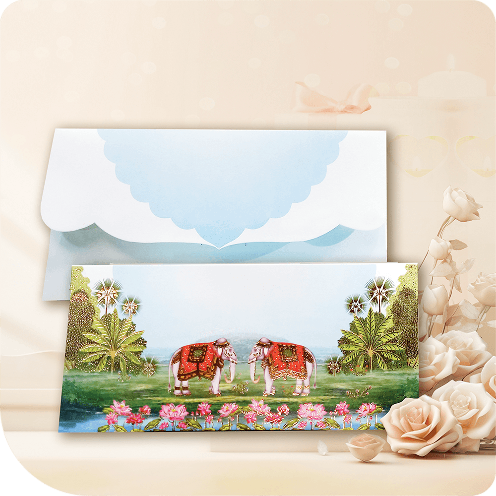 An elegant money envelope with a royal elephant theme, detailed floral artistry, and a serene landscape. The envelope features