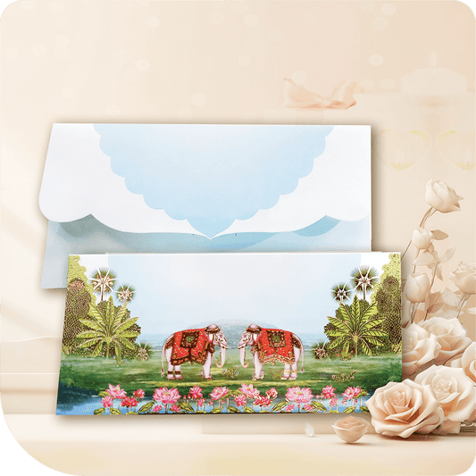 An elegant money envelope with a royal elephant theme, detailed floral artistry, and a serene landscape. The envelope features