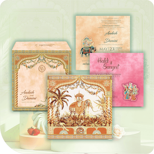Experience the grandeur of a royal celebration with the Regal Union wedding card, featuring an elegant gold foil elephant motif symbolizing love, prosperity, and new beginnings. Surrounded by intricate floral artwork, this luxurious wedding invitation combines traditional heritage and timeless beauty. The card includes two premium inserts for wedding details, and comes in a sophisticated carry bag, making it the perfect keepsake for a royal or traditional wedding. Crafted with cultural richness and attentio