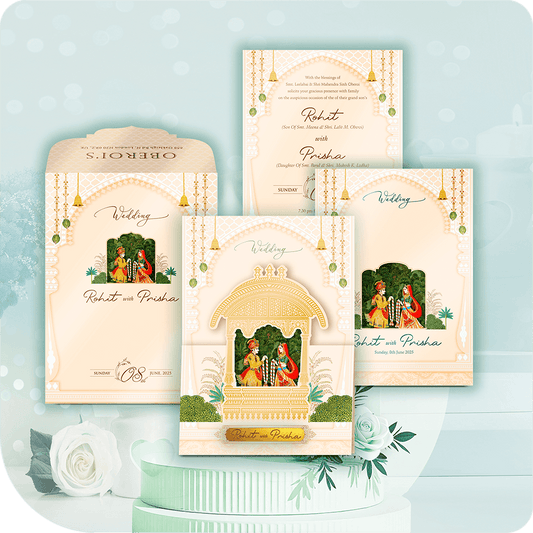 Ek shahi vivah patrika jo Dulha Dulhan ke pavitra bandhan ko darshata hai, Rajwada shilpkarigari se prerit bhavy toran aur sone ki jhilmil rachna ke saath. Isme shuddh prem kahani ko sajane wale mughal jaali patterns, kalaigari ki sunarikh rekhaayein, aur meenakari prabhavit rang shamil hain. Ek sampoorna shaadi patrika jo parivaarik sanskriti aur shaan-daar paramparaon ka pratibimb hai.