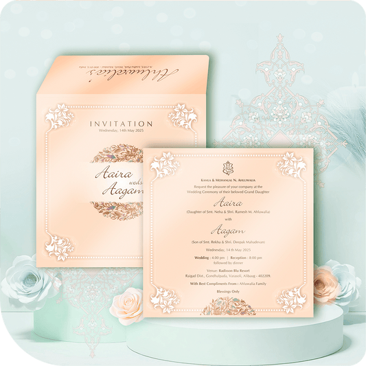 A classic and elegant Indian wedding card, featuring pastel peach hues, intricate details, and a structured layout, perfect for a grand traditional Shaadi invitation.