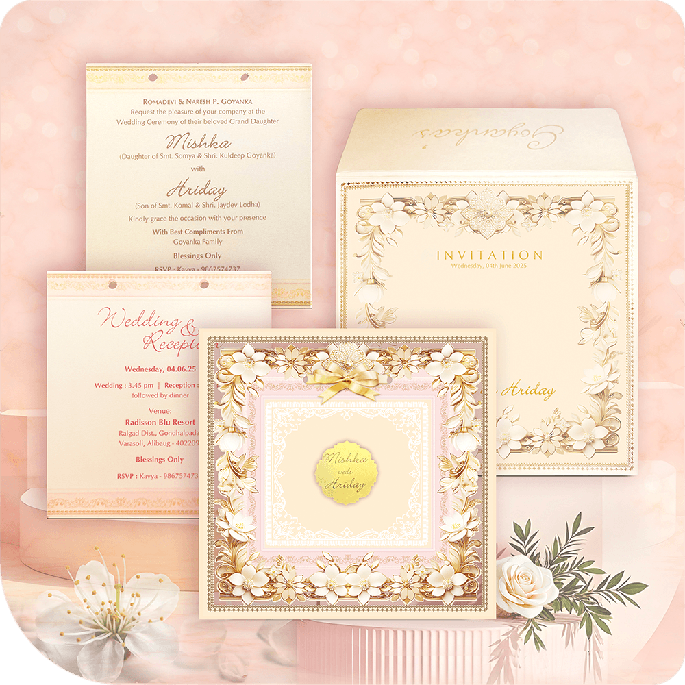 Luxury MDF wedding invitation featuring a square design with a floral ocher and brown border, highlighted with soft white accents. The elegant off-white base complements premium inserts in the center, ideal for detailed event information. Perfect for traditional, royal, or destination weddings, this high-quality invitation adds a regal touch to your celebration with intricate floral artwork and premium craftsmanship.