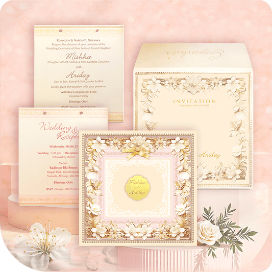 Luxury MDF wedding invitation featuring a square design with a floral ocher and brown border, highlighted with soft white accents. The elegant off-white base complements premium inserts in the center, ideal for detailed event information. Perfect for traditional, royal, or destination weddings, this high-quality invitation adds a regal touch to your celebration with intricate floral artwork and premium craftsmanship.