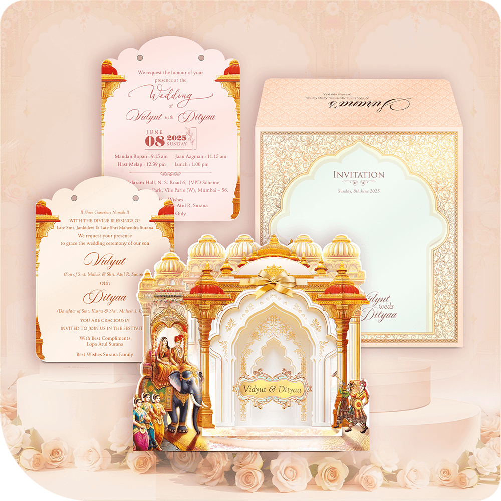 3D MDF wedding invitation suite featuring a grand white palace design, gold domes, and royal figures on an elephant procession