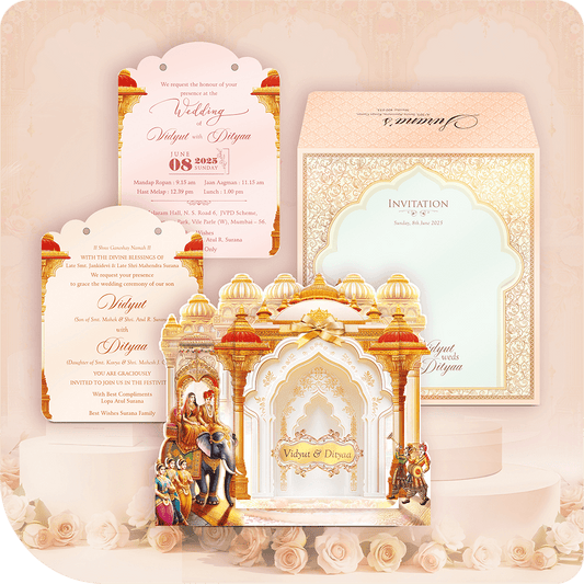 3D MDF wedding invitation suite featuring a grand white palace design, gold domes, and royal figures on an elephant procession