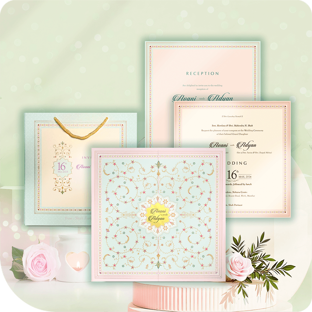 Vadhu-Var Patrika ek Gulabi Neel Rang ni sundarta sathe tayar karel che, je Dwar Aakriti Patrika rupma ek shobhavantar chhabi darshave che. Soneri Nakashi ane Pushp Rangat ni lajawab karigari sathe aa patrika Vivah Utsav ni shobha vadhe che. Madhya ma Swarnamaya Akruti ni kajalidar sajavat che, je Sobha Samruddhi laave che. Zari Alekhana na najuk sparsh sathe Gulabi Neel Sangam ek anokhi sajavat rache che. Aa Shrestha Lagnapatrika saathe Doh Parwana ane Uchit Patrika Theli pan samavist che.