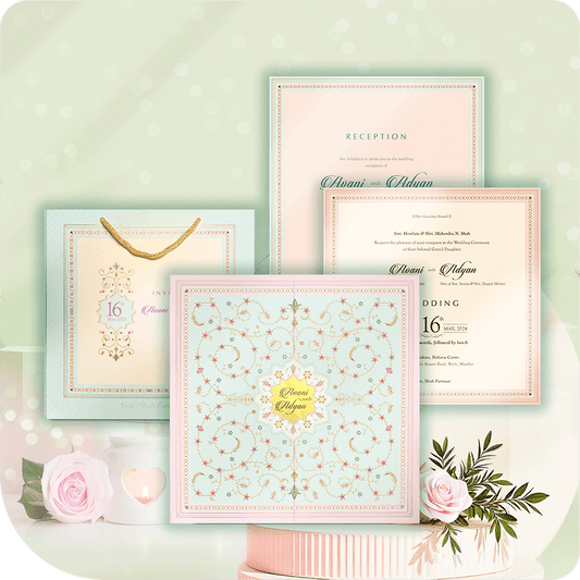 Vadhu-Var Patrika ek Gulabi Neel Rang ni sundarta sathe tayar karel che, je Dwar Aakriti Patrika rupma ek shobhavantar chhabi darshave che. Soneri Nakashi ane Pushp Rangat ni lajawab karigari sathe aa patrika Vivah Utsav ni shobha vadhe che. Madhya ma Swarnamaya Akruti ni kajalidar sajavat che, je Sobha Samruddhi laave che. Zari Alekhana na najuk sparsh sathe Gulabi Neel Sangam ek anokhi sajavat rache che. Aa Shrestha Lagnapatrika saathe Doh Parwana ane Uchit Patrika Theli pan samavist che.