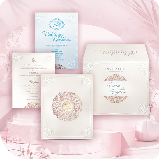 A classic masterpiece with an acrylic mirror centerpiece, stunning floral detailing, and a luxurious white border for a timeless wedding invitation.