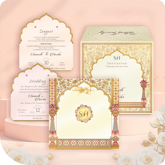 Elegant MDF wedding invitation suite with gold Mogul Mandap arch design, classical floral pattern, and Sangeet/Wedding inserts.