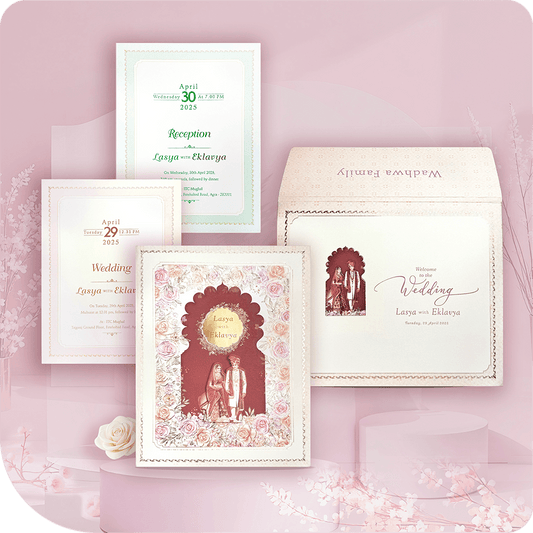 A grand floral wedding invitation featuring a 3D couple paste-up and acrylic mirror, designed for a celebration of love and tradition