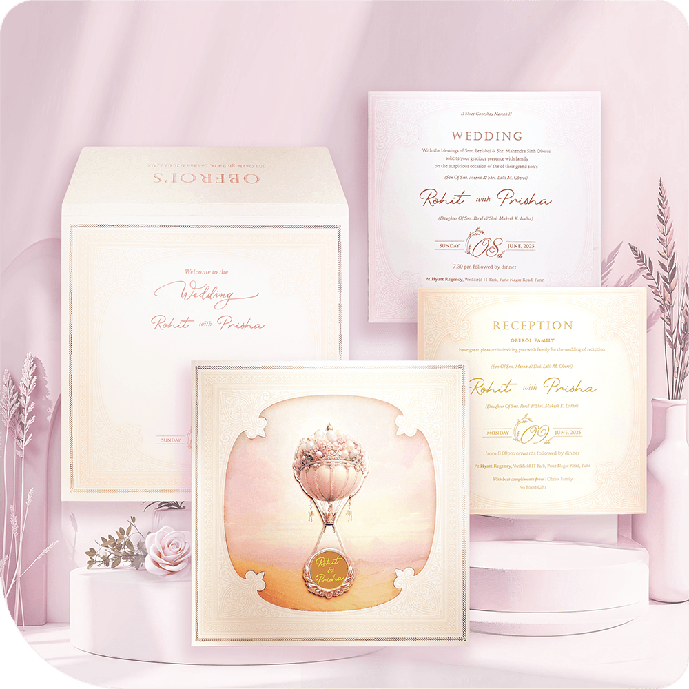 Hot air balloon wedding invitation with a floating-on-air design, acrylic mirror, and pastel shades in a luxury folder style with two premium inserts.
