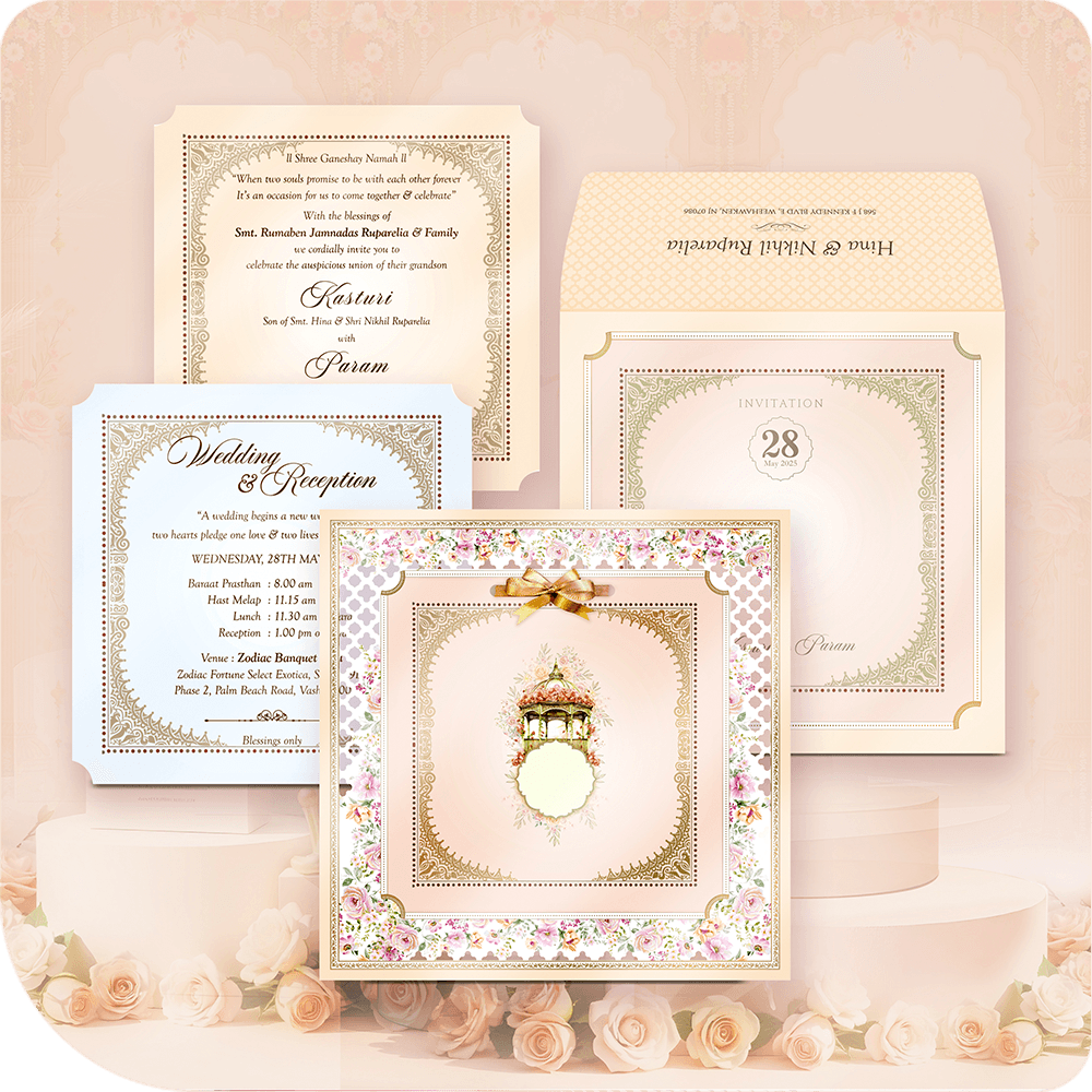 Create a fairy-tale wedding with this Dreamy Royal MDF Wedding Invitation. Featuring a golden acrylic couple nameplate, delicate baby pink floral accents, and a soft white base, this card exudes elegance. Three premium inserts, including a dreamy pink dome design, enhance its regal charm. Perfect for grand, luxurious, and destination weddings.