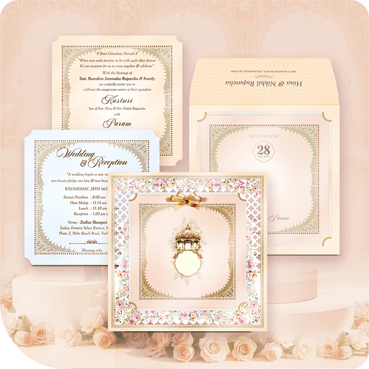 Create a fairy-tale wedding with this Dreamy Royal MDF Wedding Invitation. Featuring a golden acrylic couple nameplate, delicate baby pink floral accents, and a soft white base, this card exudes elegance. Three premium inserts, including a dreamy pink dome design, enhance its regal charm. Perfect for grand, luxurious, and destination weddings.