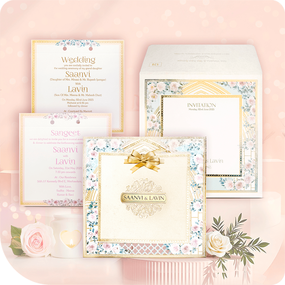This luxurious MDF wedding invitation features a rich ocher base with gold and white floral detailing on the left side, adding elegance and charm. Below the floral artwork, a traditional couple illustration in regal attire enhances its cultural appeal.