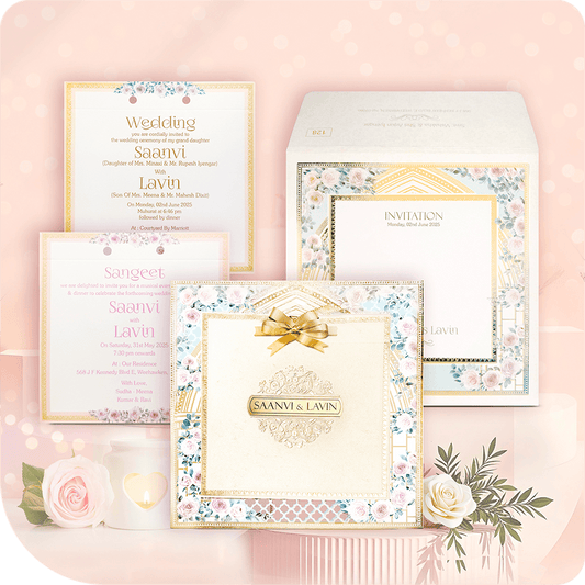 This luxurious MDF wedding invitation features a rich ocher base with gold and white floral detailing on the left side, adding elegance and charm. Below the floral artwork, a traditional couple illustration in regal attire enhances its cultural appeal.
