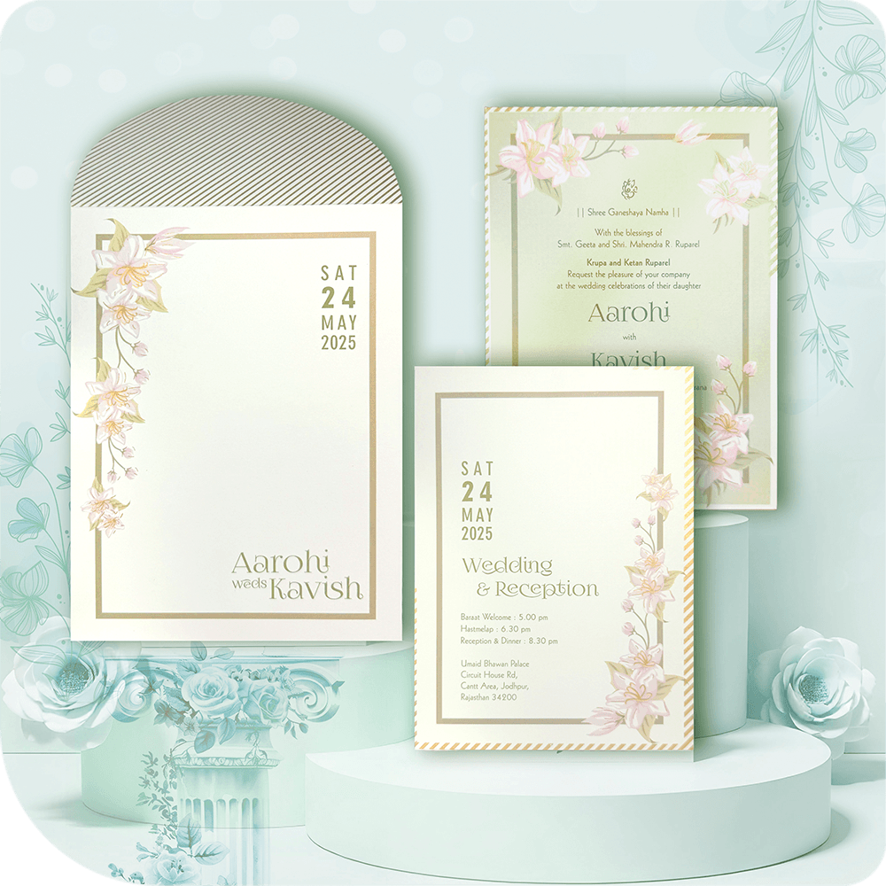 A Sundar Vivaah-themed wedding invitation with delicate floral artwork, soft pastel hues, and minimalist luxury, perfect for a graceful and timeless wedding celebration.