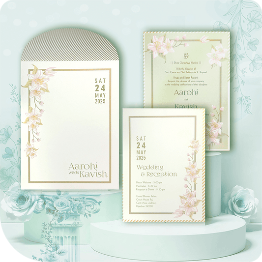 A Sundar Vivaah-themed wedding invitation with delicate floral artwork, soft pastel hues, and minimalist luxury, perfect for a graceful and timeless wedding celebration.