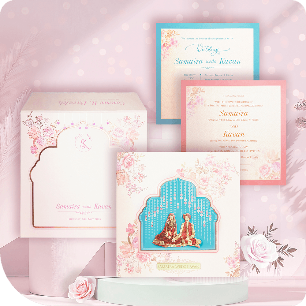 A 3D wedding invitation with a paste-up couple photo and gold acrylic elegance.